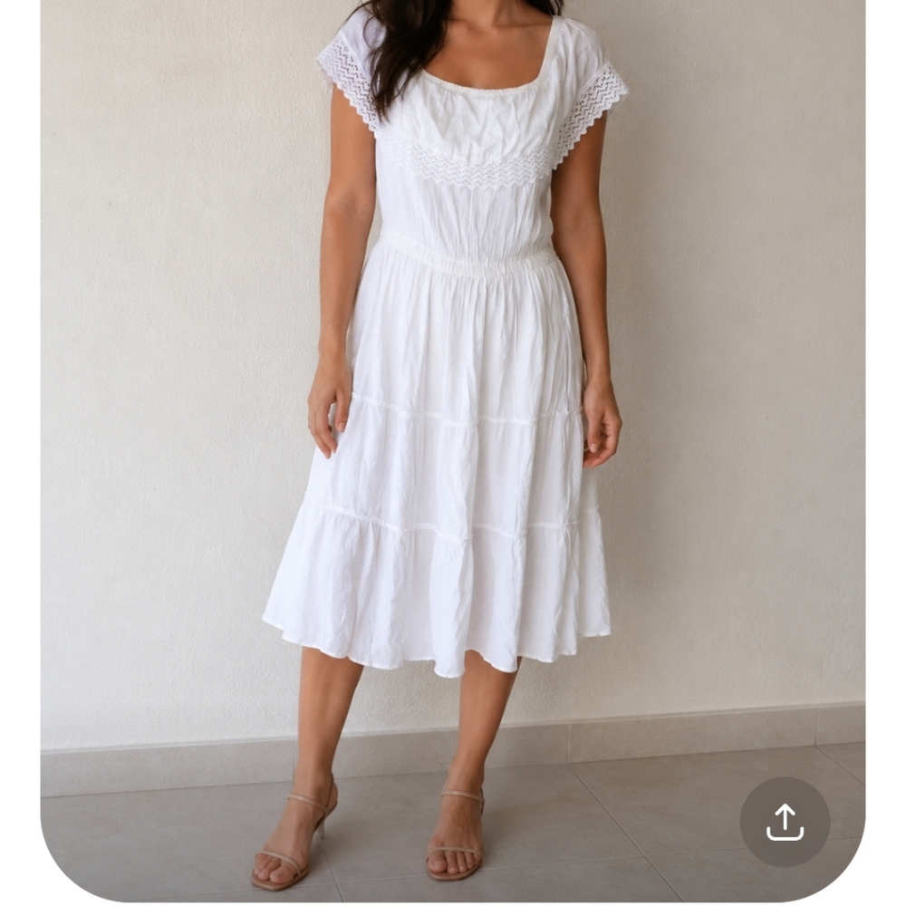 Ace Fashion White Dress Kneelenght Sz M lining Boho Lscd Boat Neck